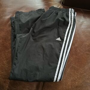 Men’s Adidas Black Track Pants with White Stripes, size Large